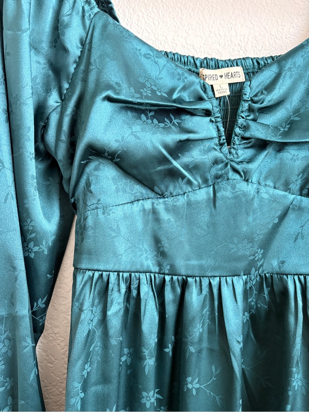 Long Sleeve Satin Dress - Emerald Green floral print - Picture 2 of 6